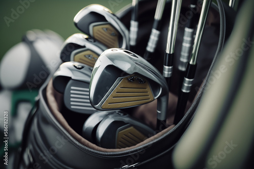 Generative AI image of a bunch of golf clubs. Golf is a sport played with clubs and a small, hard ball on a large outdoor course © hmzphotostory