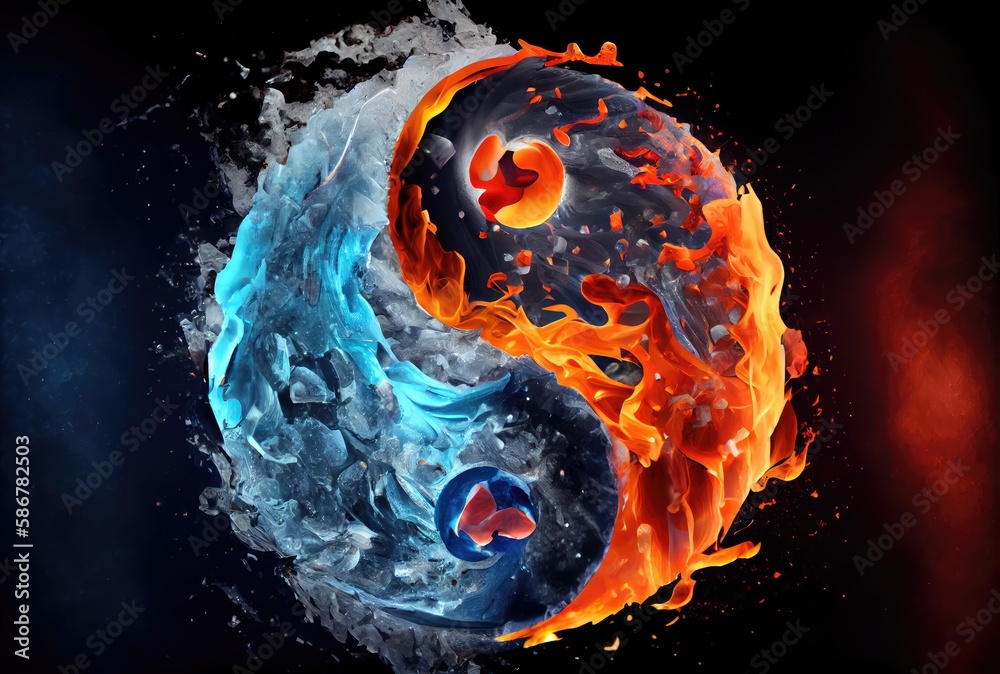Fire and Ice climate in the Yin and Yang on dark background. Abstract ...