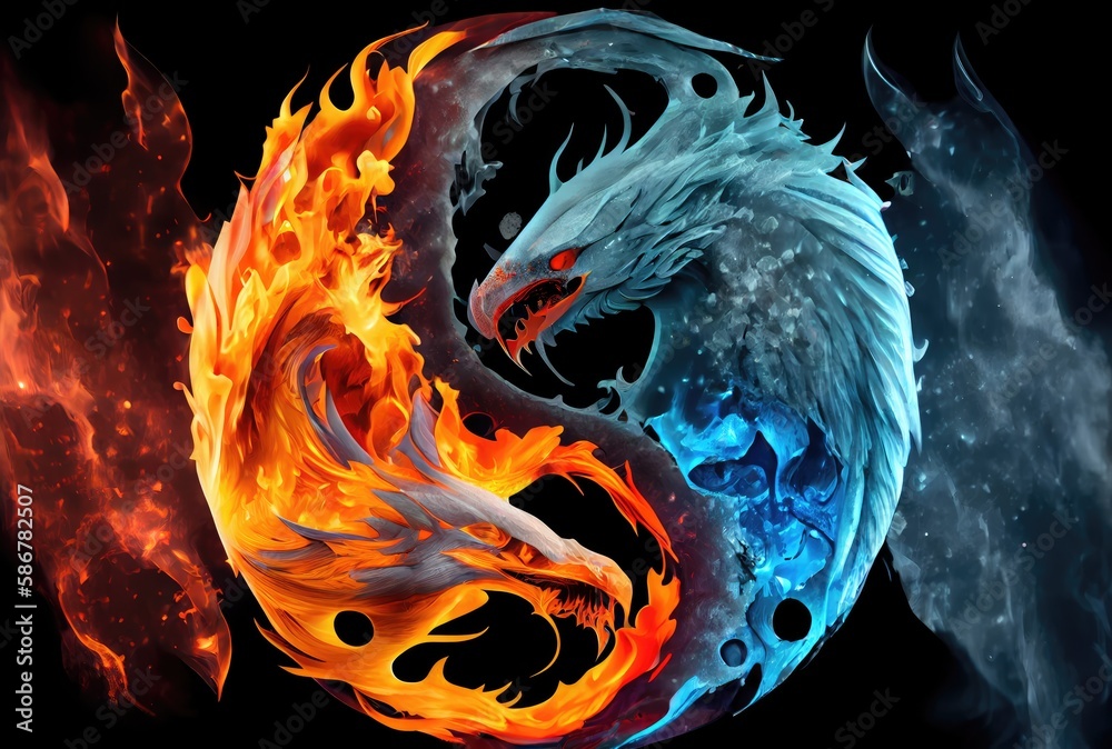 Fire Phoenix and Ice Dragon in the Yin and Yang on dark background ...