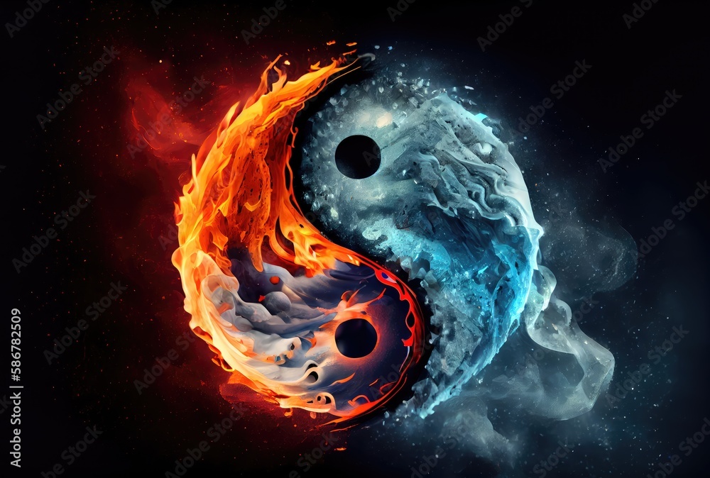 Fire and Ice climate in the Yin and Yang on dark background. Abstract ...