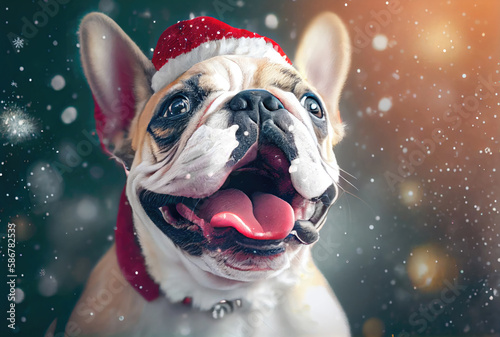 Happy French bulldog dog in Santa Claus costume and shiny bokeh background. Animal and Holiday concept. Generative AI © Virtual Art Studio