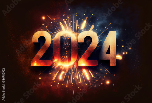 2024 New Year celebration with colorful fireworks on dark background. Happy New Year the year of Dragon and Greeting card concept. Generative AI