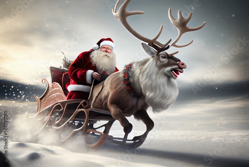 Santa Claus on the reindeer sleigh on the snow surface and night sky background. Christmas and New year concept. Digital art illustration. Generative AI