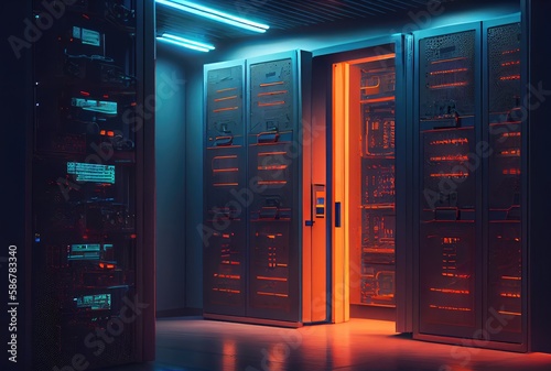 Server room for storage worldwide company database. Technology and big data concept. Digital art illustration. Generative AI