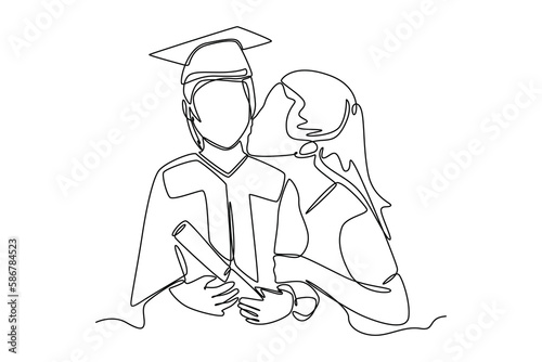 Single one-line drawing a mother kissing her daughter on graduation day. Graduation concept. Continuous line draw design graphic vector illustration.