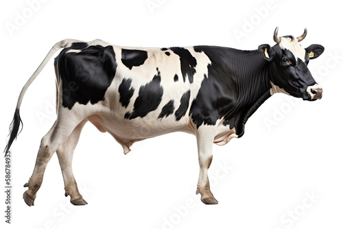 an isolated white and black dairy cow side portrait  farm-themed  photorealistic illustration on a transparent background cutout in PNG  generative ai