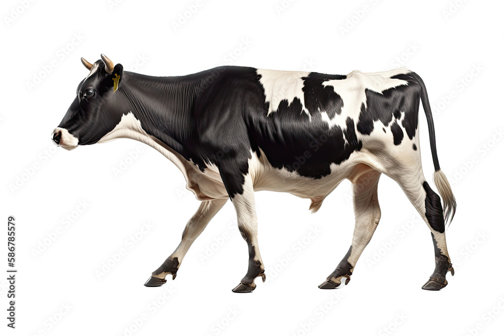 an isolated white and black dairy cow side portrait, farm-themed, photorealistic illustration on a transparent background cutout in PNG, generative ai