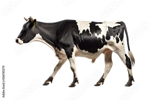 an isolated white and black dairy cow side portrait, farm-themed, photorealistic illustration on a transparent background cutout in PNG, generative ai