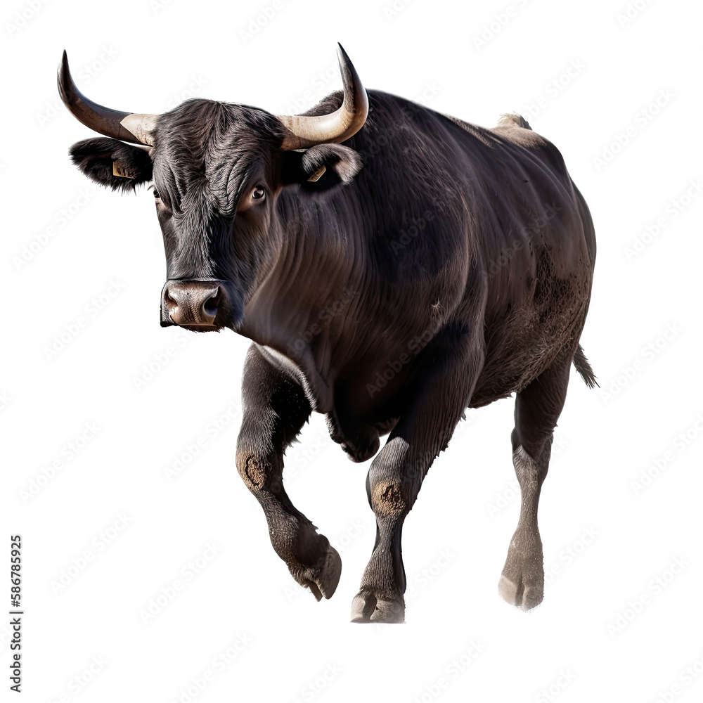a Bull black cow, running, frontal view with Ranch-themed, photorealistic illustrations in PNG. Generative AI a Bull black cow, running, frontal view with Ranch-themed, photorealistic illustrations in PNG. Generative AI