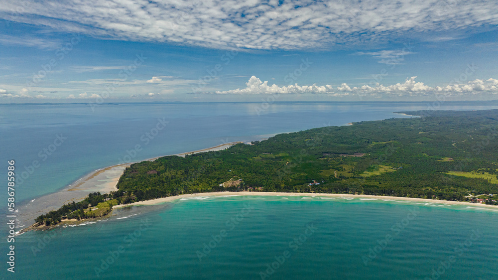 Aerial view of beautiful tropical beach and blue sea. Kalampunian beach. Sabah, Borneo, Malaysia.
