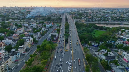 Aerial over Juan Bosch bridge and juan Pablo Duarte Bridge with cityscape photo