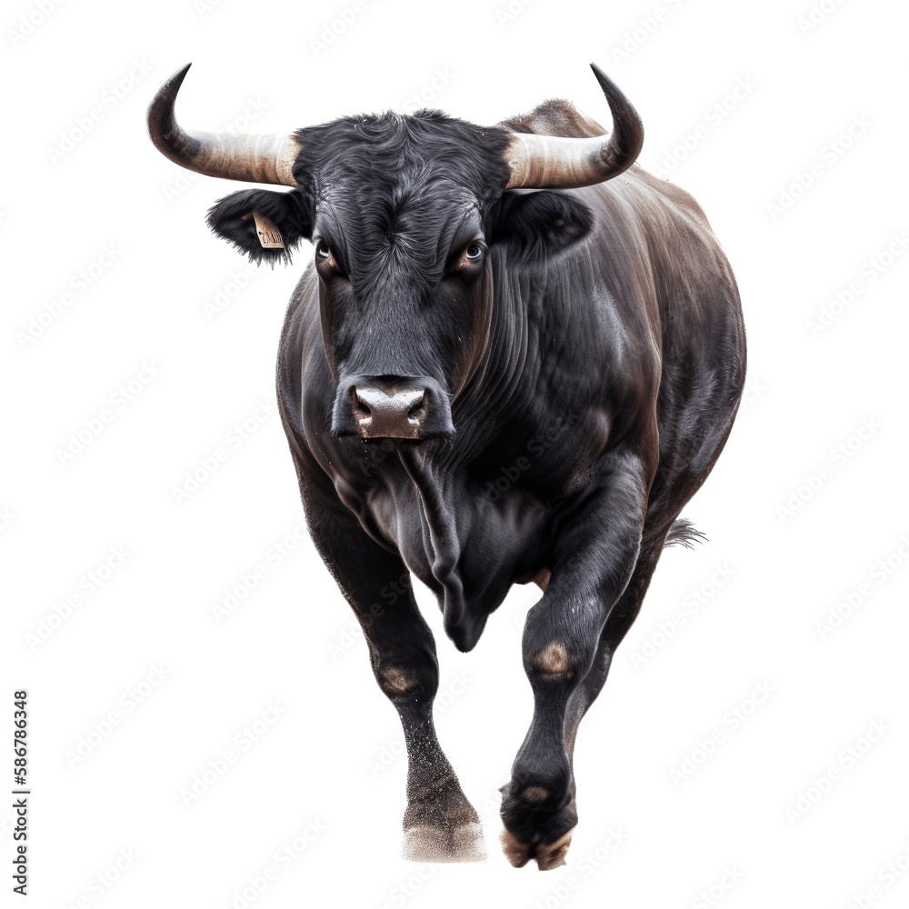 a Bull black cow, running, frontal view with Ranch-themed, photorealistic illustrations in PNG. Generative AI a Bull black cow, running, frontal view with Ranch-themed, photorealistic illustrations in PNG. Generative AI