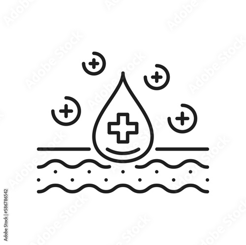 Skincare, face and hands skin beauty icon, moisturizer drops or cream, vector line pictogram. Dermatology medical therapy for skin moisturizing or cosmetology treatment for dry skin