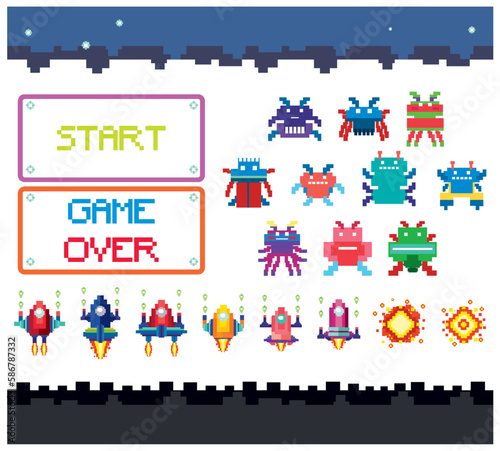 Set of pixel game monster characters