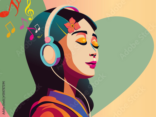 Retro Illustration of an Asian Woman Listening to Music