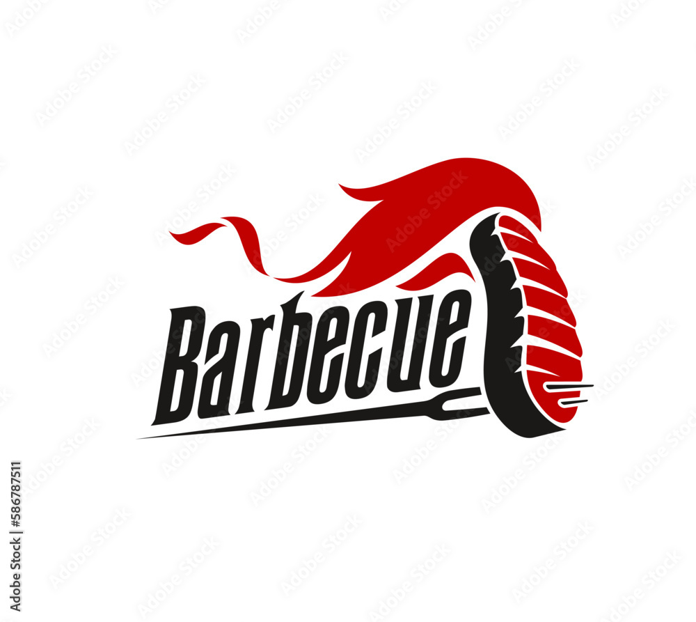 Bbq grill icon with steak, fork and burning fire flame. Isolated vector ...