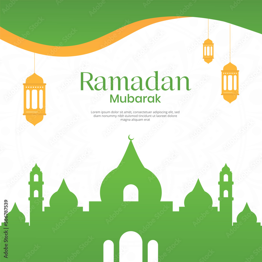 Ramadan Kareem background banner. Islamic Greeting Cards for Muslim Holidays and Ramadan. Vector banner, text in middle with lantern and Mosque