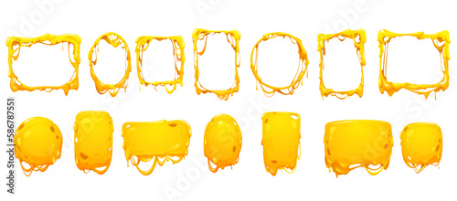 Cheese melt frames and borders of yellow sauce drips, vector Cheddar, Parmesan or Mozzarella. Cheese melting frames and borders of yellow cartoon cheesy flows for picture or photo background photo