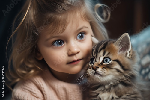 A 2 year old girl embraces a brown kitten, generative ai
