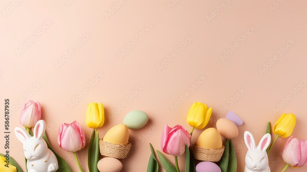 Easter eggs in tulips on a orange background. Generative AI Easter eggs in tulips on a orange background. Generative AI