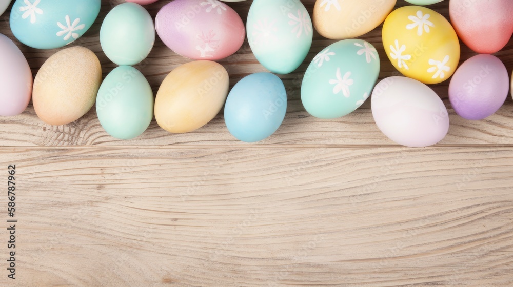 A group of easter eggs on a wooden table. Generative AI A group of easter eggs on a wooden table. Generative AI