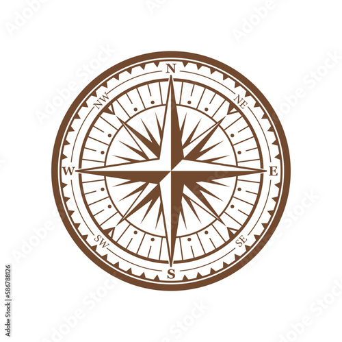 Vintage compass wind rose, medieval nautical navigation sign. Isolated vector maritime symbol for marine travel and orienteering in ocean. Windrose retro element for map and cartography direction