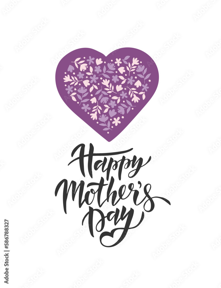 Mother's Day holiday vector illustration. Hand drawn brush lettering with floral heart isolated on white. Celebration typography for greeting gard, gift, flyer.