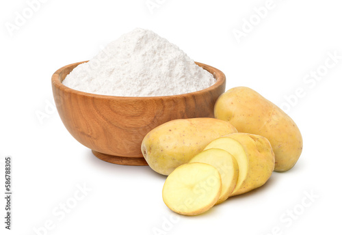 Potato starch with fresh potato isolated on white background. Clipping path. photo