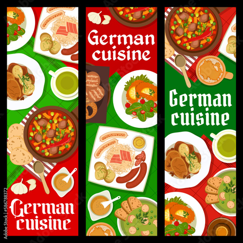 German cuisine banners, Bavarian food dishes and meals, vector restaurant menu. German cuisine traditional schnitzel, sauerkraut and bread with beer and pork meat or liverwurst sausages and pretzel