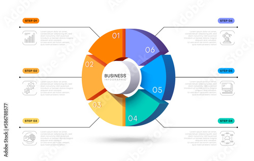 3d business infographic vector circle pie chart. Informative diagram for corporate processes analysis and control. Data research and structuration. Visual materials for company report presentation