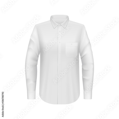 White men shirt mockup, 3d vector male formal dress with long sleeves front view. Isolated vector fashioned tailored fit mock up with details, fabric texture, buttons, chest pocket, collar and cuffs photo