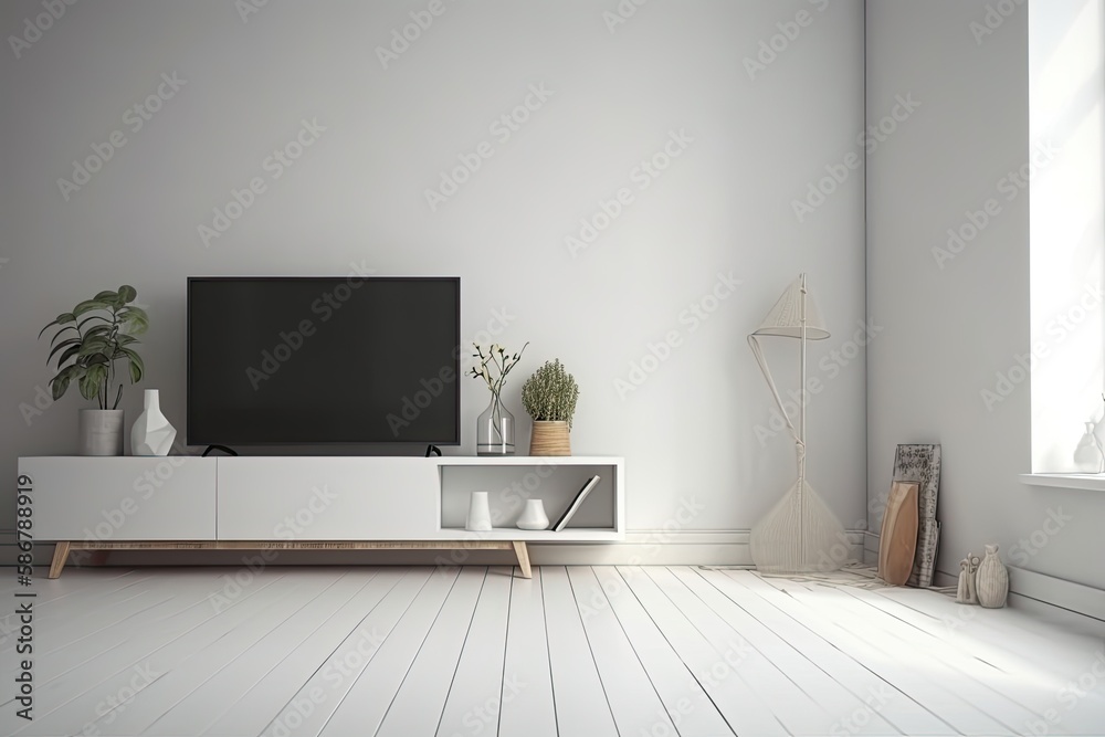 modern interior. Blank television display on a shelf next to a vase and some books, side view. window, a white wall and a grey floor, but no people. Generative AI modern interior. Blank television display on a shelf next to a vase and some books, side view. window, a white wall and a grey floor, but no people. Generative AI