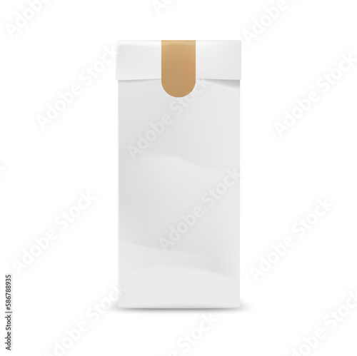 White paper package with sticker mockup. Isolated vector takeout bag for fast food, 3d pack template for identity or branding design. Realistic takeaway pouch mock up, blank box for coffee and tea