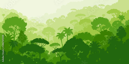 Jungle forest silhouette  tropical vector landscape with exotic flora  palm trees and hills. Rainforest vegetation  plants 2d cartoon wild forest natural parkland. Wildlife environment in green colors