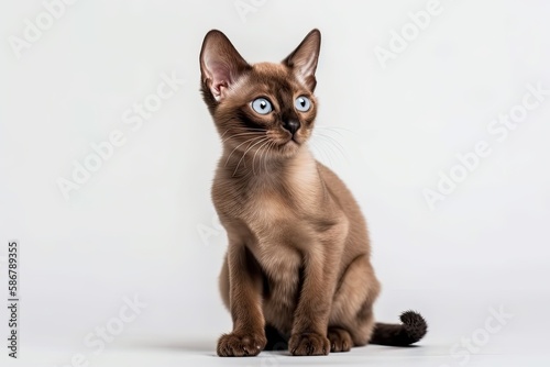 Adorable kitten Burmese cat in dark brown sitting upright and looking forward. posing for the camera while doing so. on a white background, alone. Generative AI © AkuAku