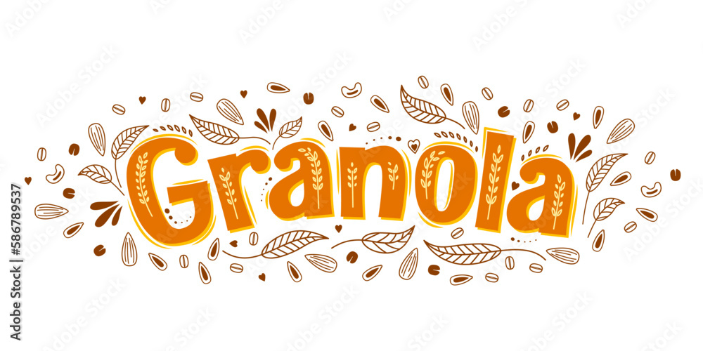 Granola oatmeal cereals label for muesli food or oat breakfast, vector. Granola package background for organic healthy meal or grain muesli and porridge, brown and orange granola lettering