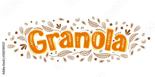 Granola oatmeal cereals label for muesli food or oat breakfast, vector. Granola package background for organic healthy meal or grain muesli and porridge, brown and orange granola lettering