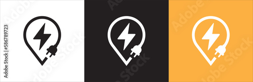 Electrical power icon. Electric power source sign. Lightning bolt inside pin map with electric plug image combination. Vector stock illustration. In color of black white and yellow background.