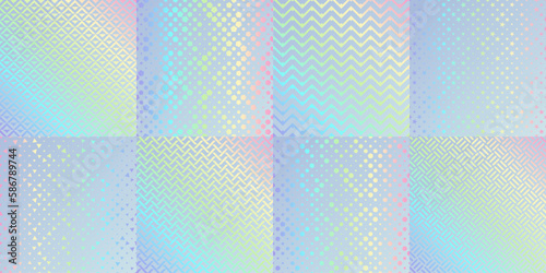 Hologram texture patterns, glitter foil with rainbow gradient, vector holographs. Holographic backgrounds of metal iridescent color mesh and silver blend gradation with hologram patterns