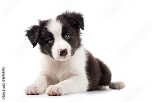 On a white background, an adorable border collie puppy poses. Generative AI © AkuAku