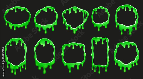 Green slime frames, cartoon vector set of borders with liquid toxic flows, dripping poison and viscous goo. Isolated round, square or rectangular frames with fluid mucus drops or sticky ooze splatters