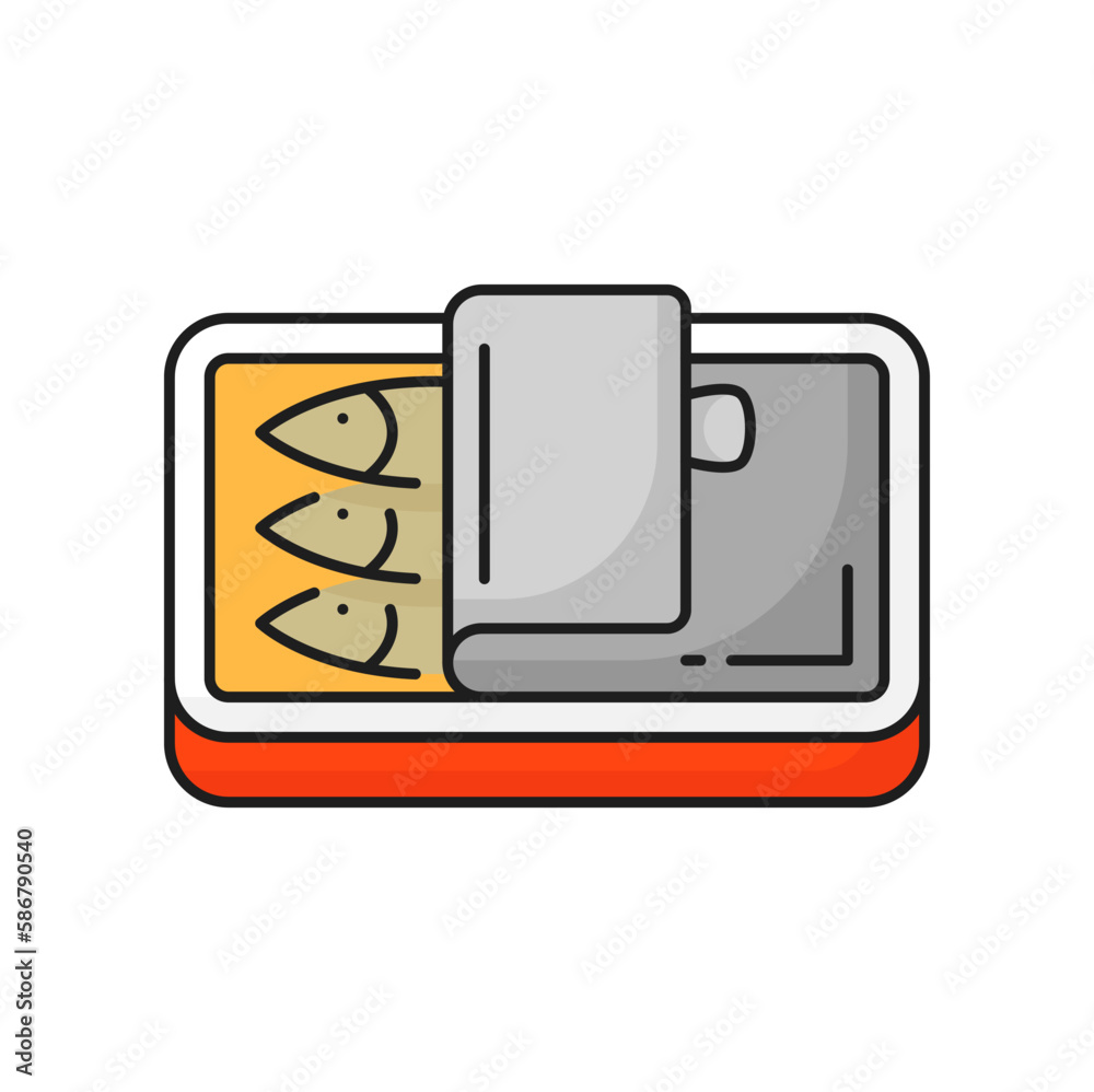 Fishing industry canned tuna fish outline icon. Fish food preserves manufacture, seafood industry or offshore fishing craft product outline vector pictogram. Caned sardines thin line sign or icon Fishing industry canned tuna fish outline icon. Fish food preserves manufacture, seafood industry or offshore fishing craft product outline vector pictogram. Caned sardines thin line sign or icon