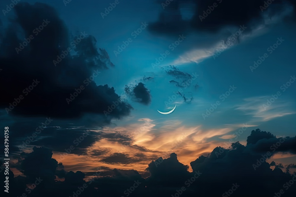 Islamic Moon sky on Dark Blue Dusk Vertical, Twilight Sky in the Evening with Sunset and Beautiful Sunlight and Crescent moon, symbol of religion at the start of the Ramadan month, Eid al Adha, and Ei