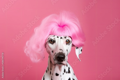 Dalmatian lady dog portrait with pink wig against a pink background. trendy party diva. Generative AI