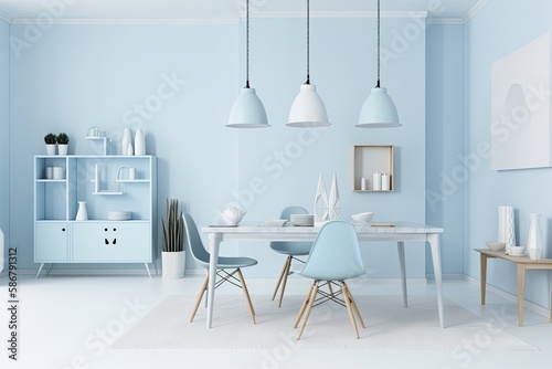 The room's decor is a simple, pastel blue monotone with furniture and other room accents. copy space on a light background. backdrops for presentations, websites, or picture frames. Generative AI © AkuAku