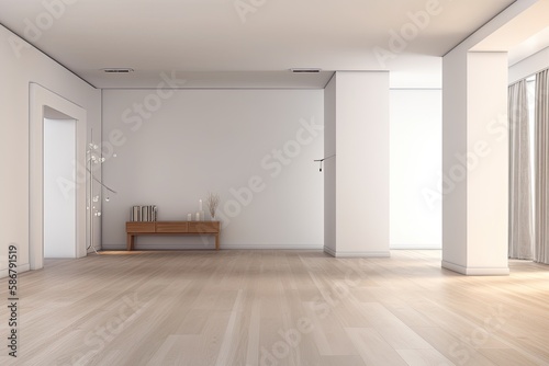 Model of an empty room with a white painted wall and parquet flooring. example of a living room that is empty for interior design. Generative AI