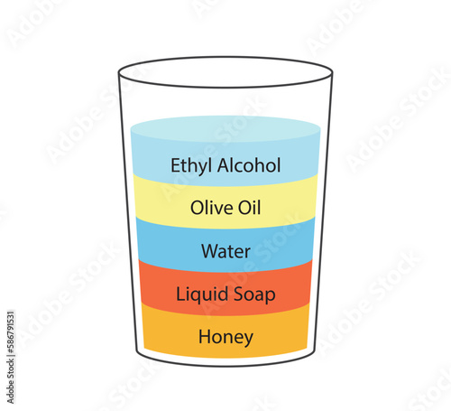 Liquid density scientific experiment concept. Separate fluid layers. Laboratory experiment with density of oil, water, honey, soap and alcohol. Different types of liquid in glass. Vector illustration.