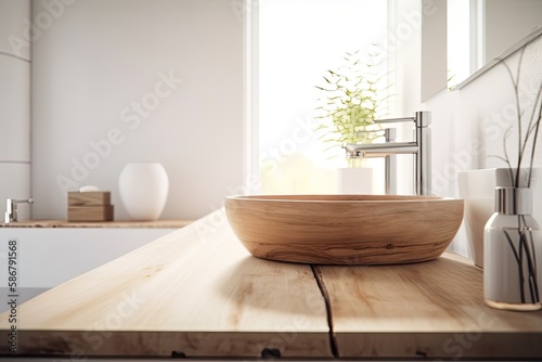 An empty wooden table  desk  or shelf with a blurred perspective of a modern home design concept s white bathroom  bathtub  and basins. Generative AI