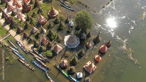 Shan State, Samkar, Stupas of Taw Mwe Khaung Pagoda, Aerial Wide Angle Looking Down, Beautiful Sunny Day photo