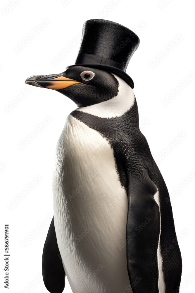 Naklejka premium a photographic illustration of a high-class penguin in a tuxedo with a top hat on a transparent background in PNG. T-Shirt Design. Animal Character. Generative AI